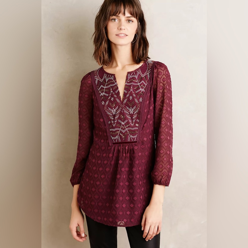 Anthropologie One September Merlot Sequin Beaded Madiran Peasant Blouse Sz Small